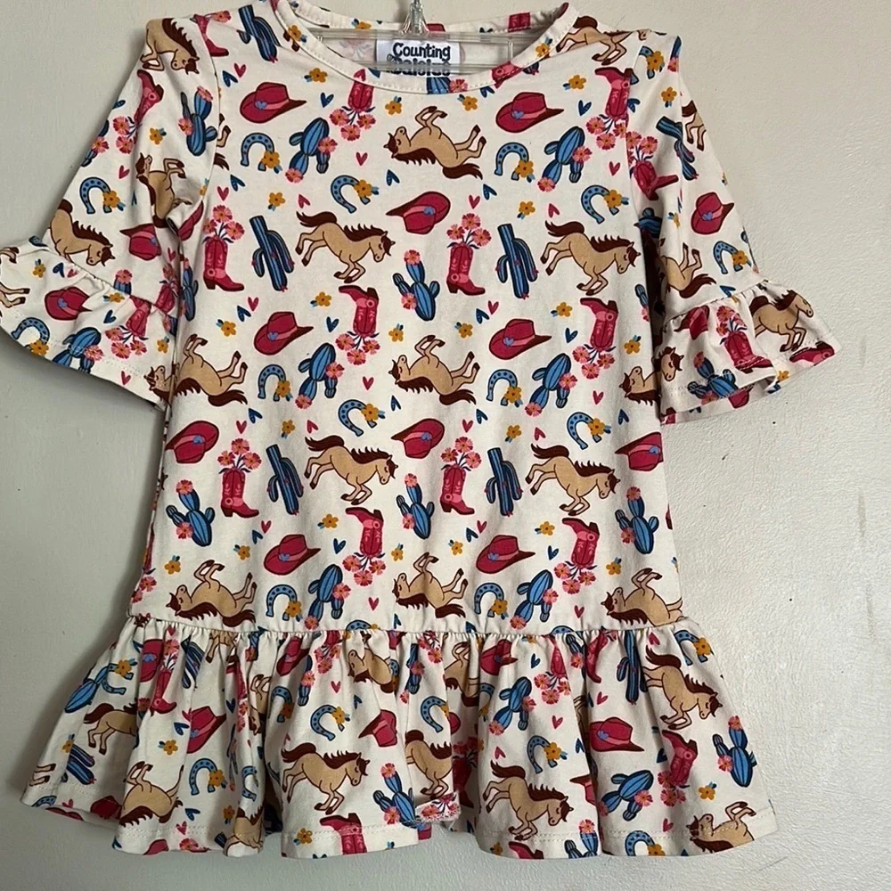 Cream and Red Ruffled Tiered Bell Sleeve Dress